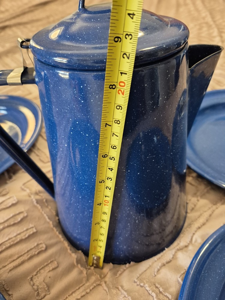 Blue Speckled Enamelware Camping Set - Coffee Pot Perculator & 4 Plates