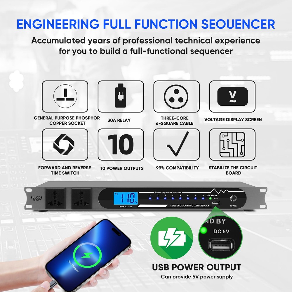 2000W 10 Socket Sequential Rack Professional Audio Power Conditioning ，Digita...