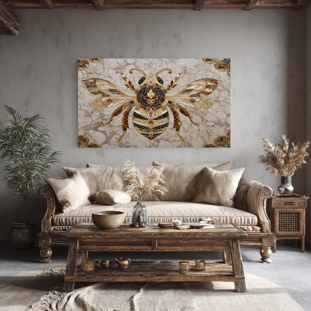Gold Marble Look Bee Print Backsplash, Tempered Glass Kitchen Backsplash