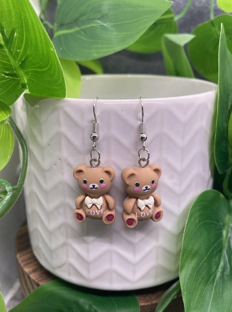 1.85” Silver-tone Teddy Bear Boho Drop Dangle Earring Set  New Free Ship B7783
