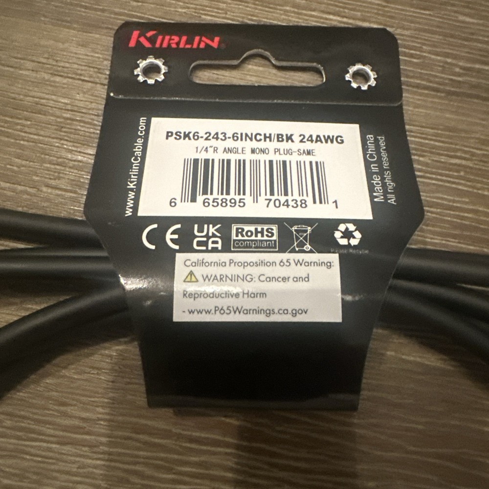 * NEW * 6-PACK 6” Kirlin 1/4" Mono Black Right Angle Patch Cables - Ships Free!