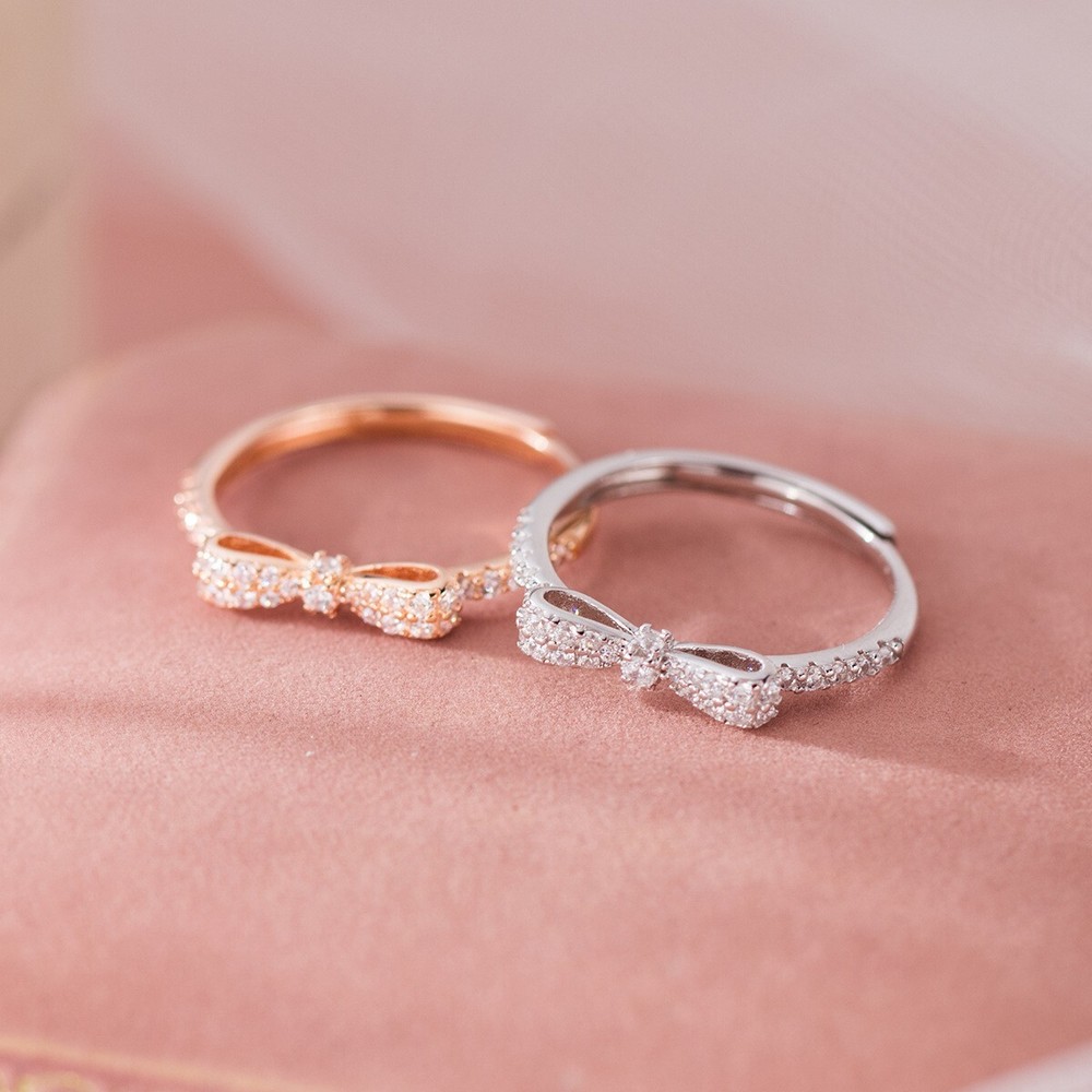 Sparkling Bow Ring in Sterling Silver Adjustable Open Stacking Knot Ring Gift