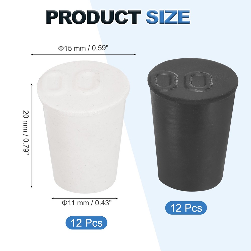 24 Pcs Solid Rubber Stopper Size 00#-15mm x 11mm - 20mm Long, Black/White