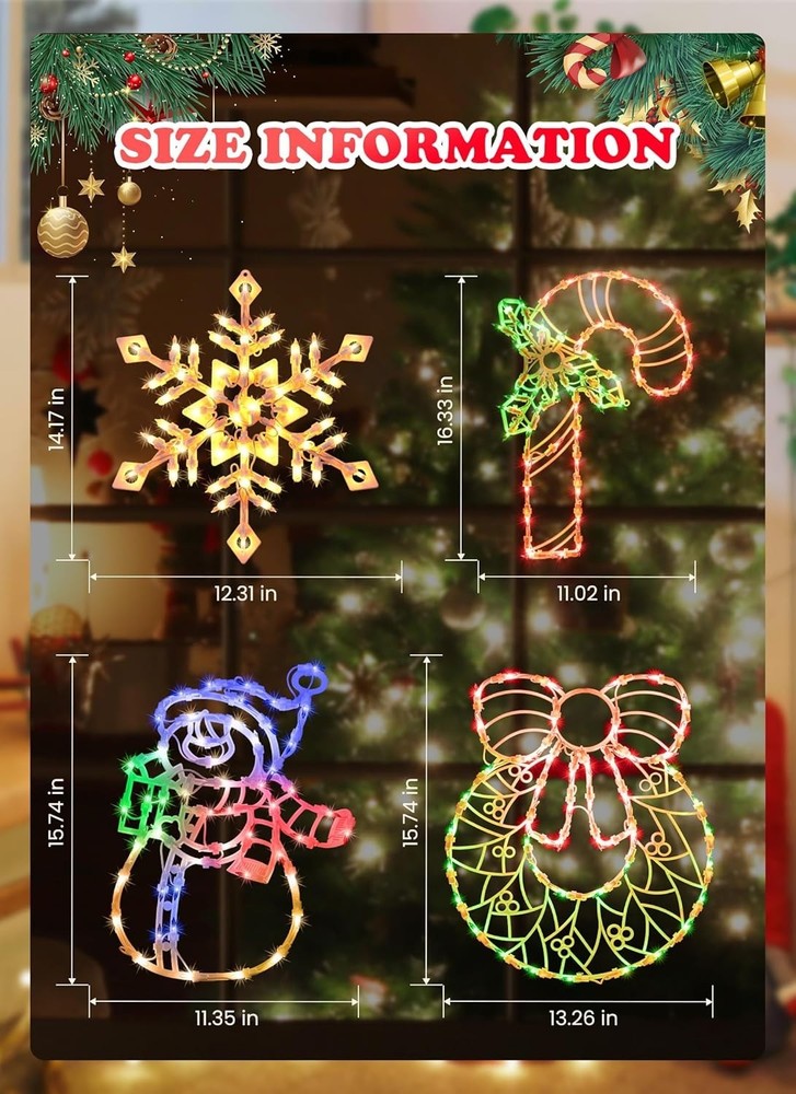 4 Pack Christmas Window Silhouette Lights Decorations, Lighted Wreath, Candy ...
