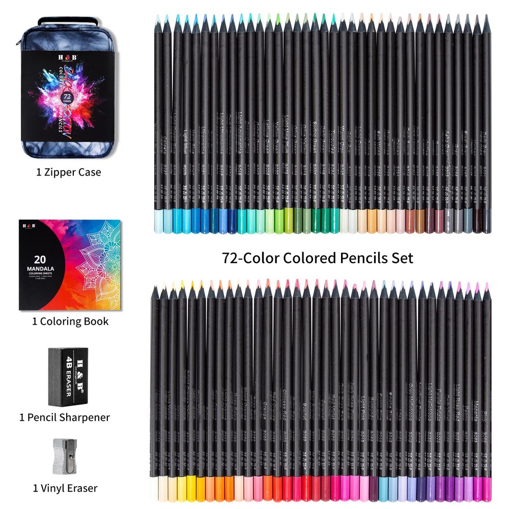 72-Color Colored Pencils Set with Mandala Coloring Sheets, Eraser, Sharpener ...