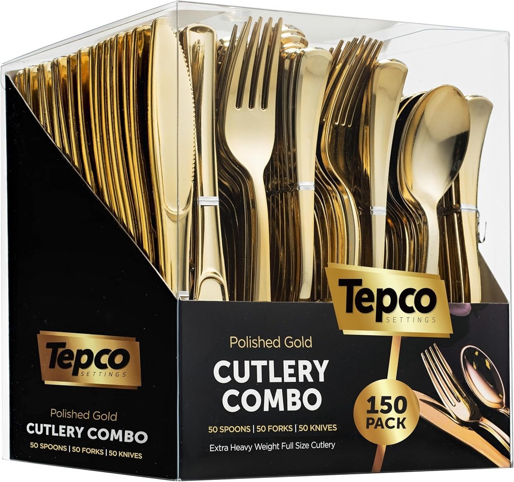 150 Gold Plastic Sierware Set - Disposable Flatware - 50 Forks, 50