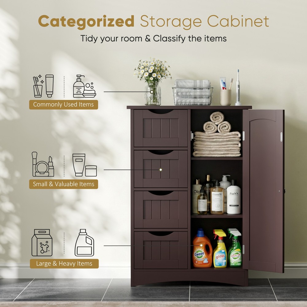 Brown Bathroom Storage Cabinet with Adjustable Shelf Floor Storage Cupboard