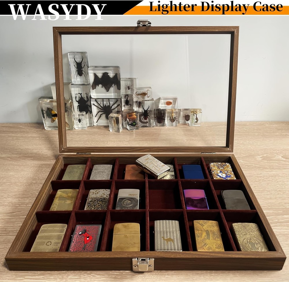 Zippo Lighter Display Case，Zippo Lighter Case With Glass Top&Lock,18 Capacity