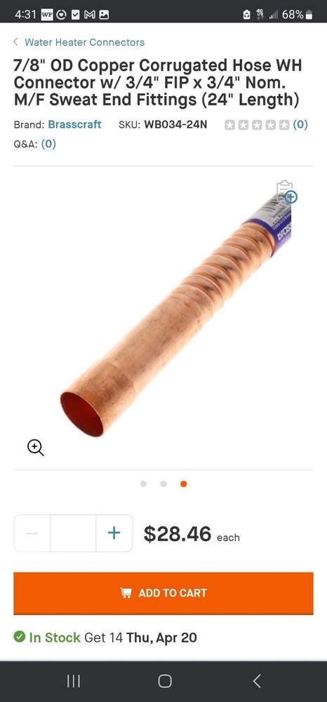 CASE OF 25 Brass Craft Water Heater Connector ⅞" OD tube x 24" x ¾" WB034-24N