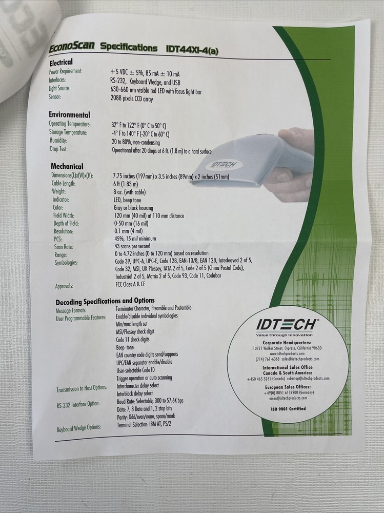 ID Tech IDT4439U CCD Scanner For Bar Codes USB UNTESTED