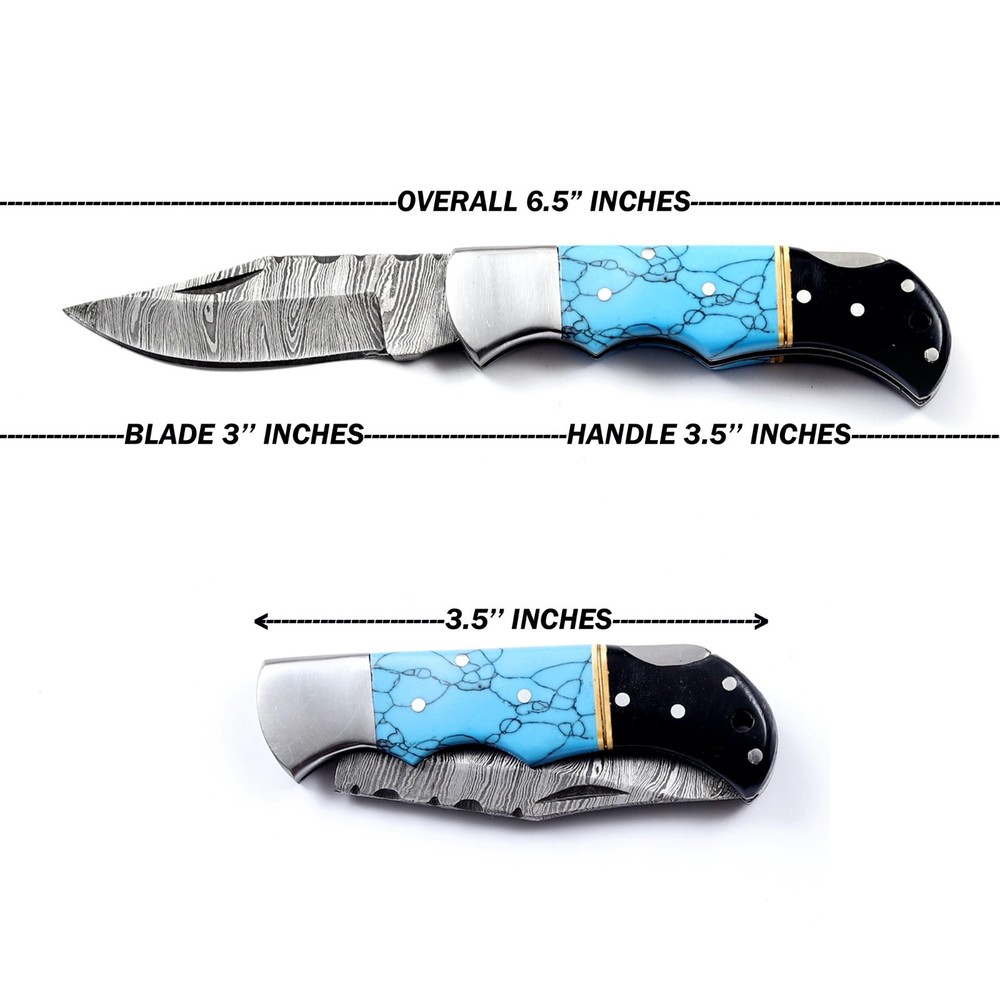 Handmade Damascus Folding Knife, Turquoise Stone Handle Leather Sheath Sharpner.