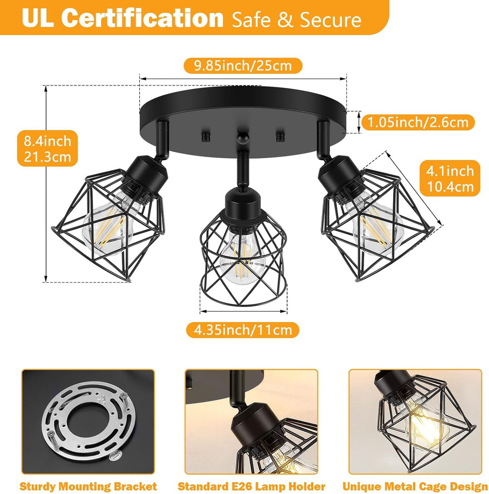 3-Light Kitchen Flush Mount Ceiling Light, Adjustable Multi-Directional Ceili...