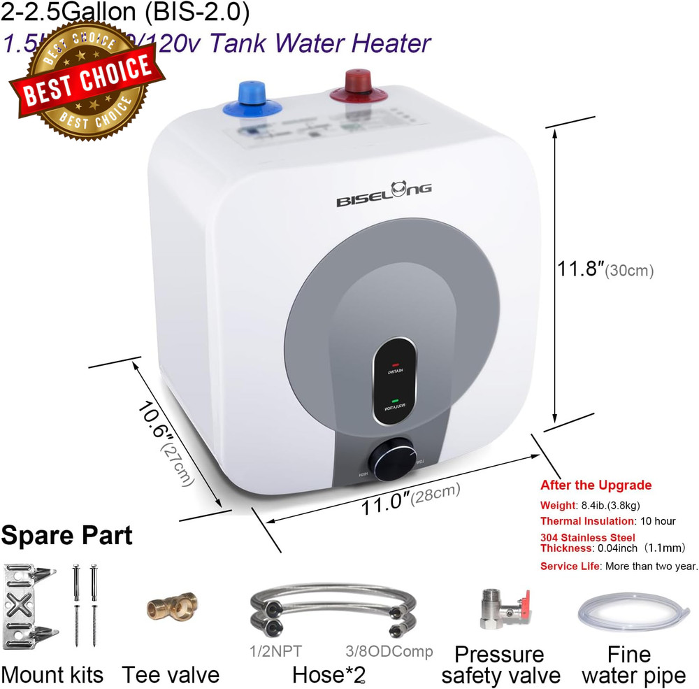 110V-120V 1440-1500W Small under Sink Tank 2.5 Gallon Water Heater Hot Storage,M