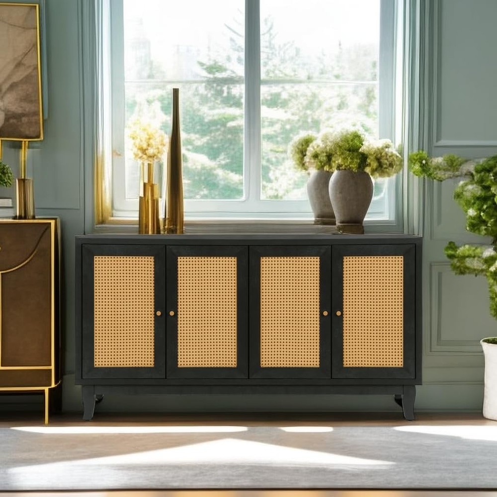 AMNOOL Rattan Accent Sideboard Storage Cabinet Console Table w/4 Doors Dark Gray