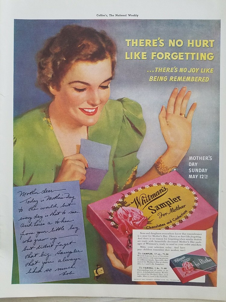 1940 Whitman's chocolate candy sampler Mother's Day May 12th vintage ad