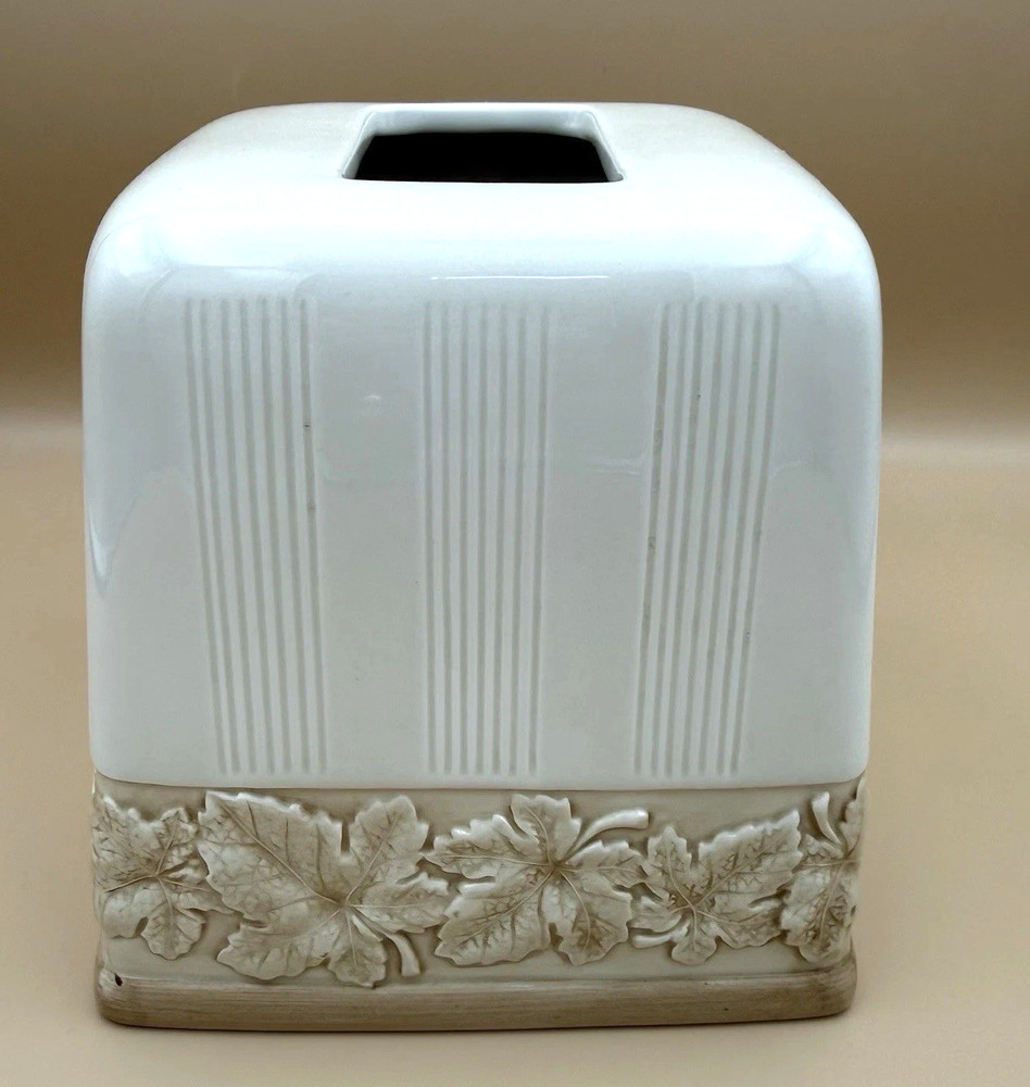 Stratton Earthenware Tissue Box Cover Ceramic Ivory Tan Beige Leaves Neutral EUC