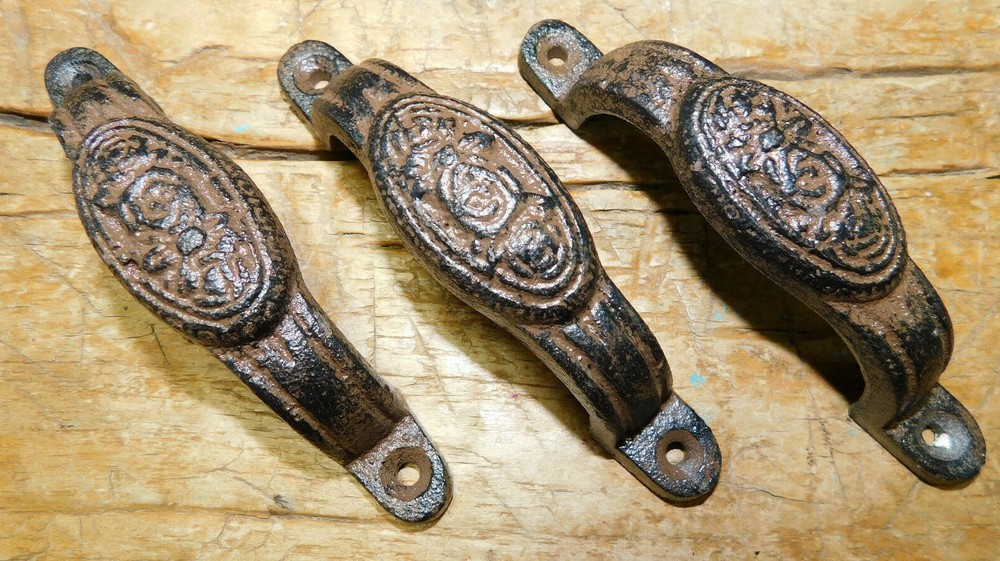 3 Cast Iron Antique Style OVAL ROSE Strap Barn Handle Gate Pull Door Handles