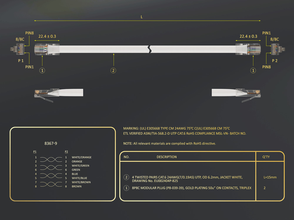 3ft Cat6 UTP Non-Booted Ethernet Network Patch Cable 24AWG Bare Copper, White