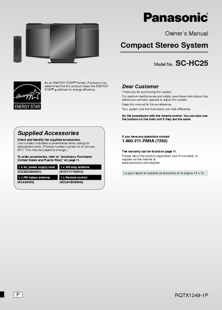 Panasonic SA-HC25 Stereo System Owners Instruction Manual
