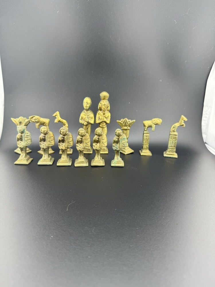 14 Piece Bronze Set Heavy Chess? Pieces Ancient Egyption