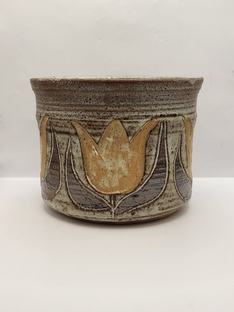 Barna Stoneware Pottery Planter Tulip Pattern Signed