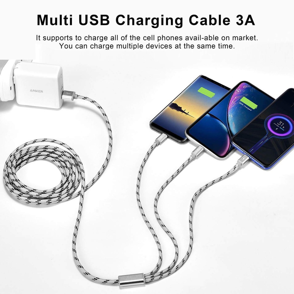 10Ft Multi Charging Cable 3A, 2Pack Braided Fast 10 feet, White