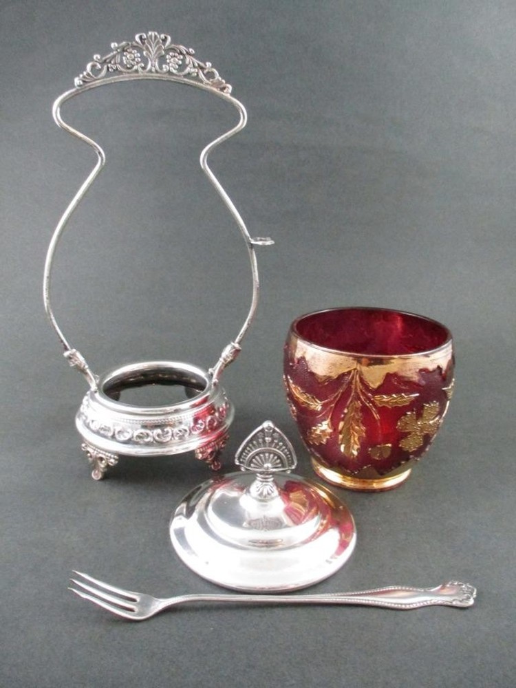 DELAWARE eapg Ruby Stained JAR - Antique PICKLE CASTOR - 7" long FORK