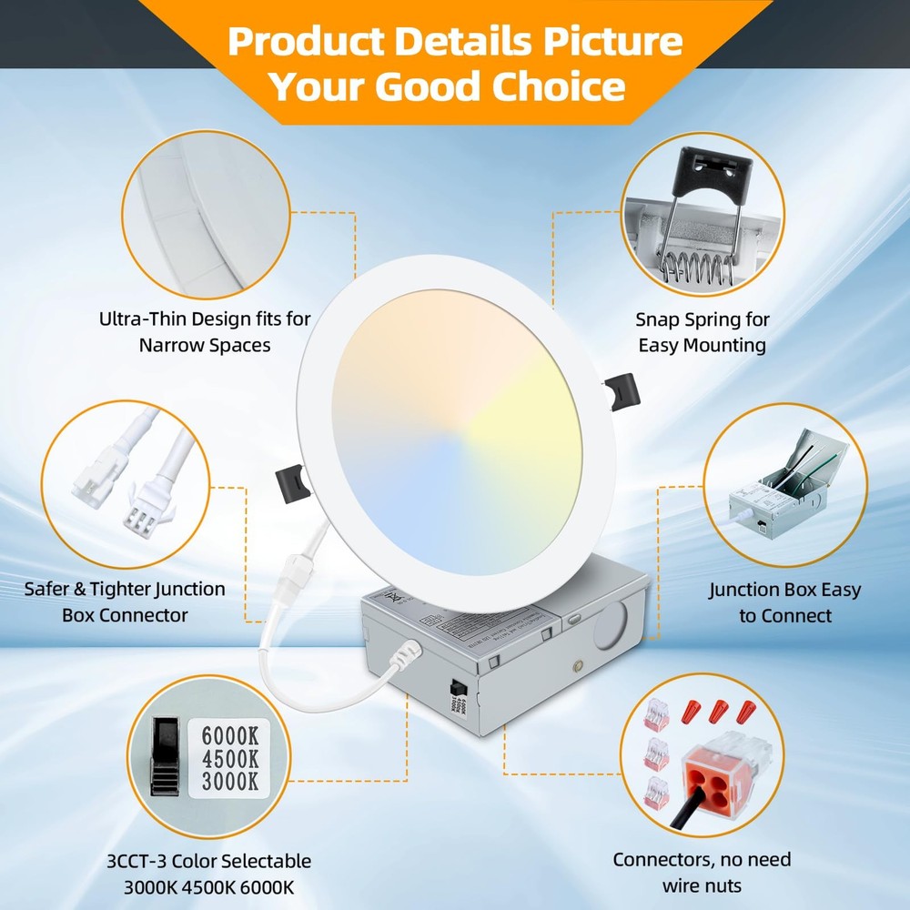 2PK 8" LED Recessed Light Ultra-Thin Ceiling Lighting Junction Box Dimmable CCT