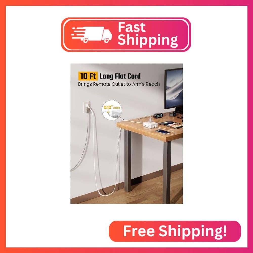 10Ft Extension Cord with Multiple Outlets, Flat Plug Surge Protector Power Strip