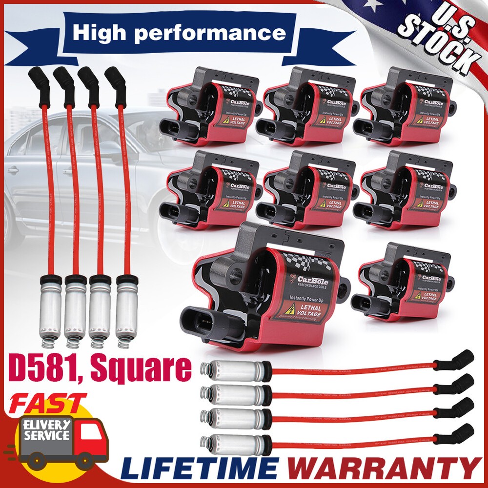 Square Ignition Coils & Spark Plug Wire 8Pack For Chevy GMC LS3 4.8/5.3/6.0/8.1L