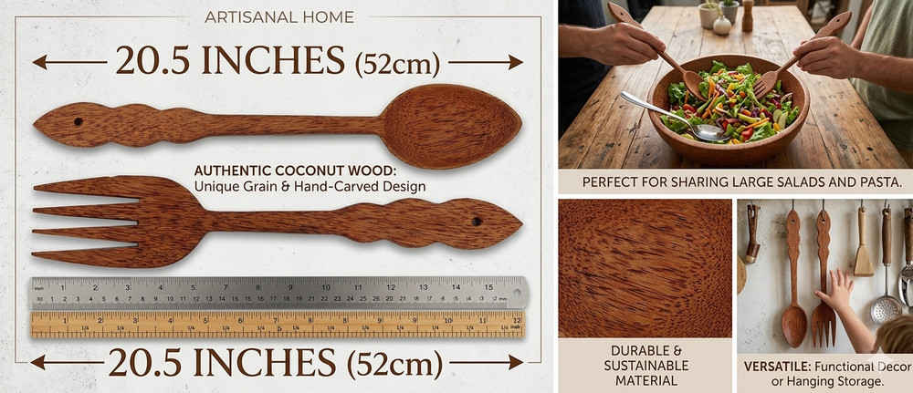 Huge 20.5" Hand-Carved Coconut Wood Fork & Spoon Set – Rustic Kitchen Wall Decor
