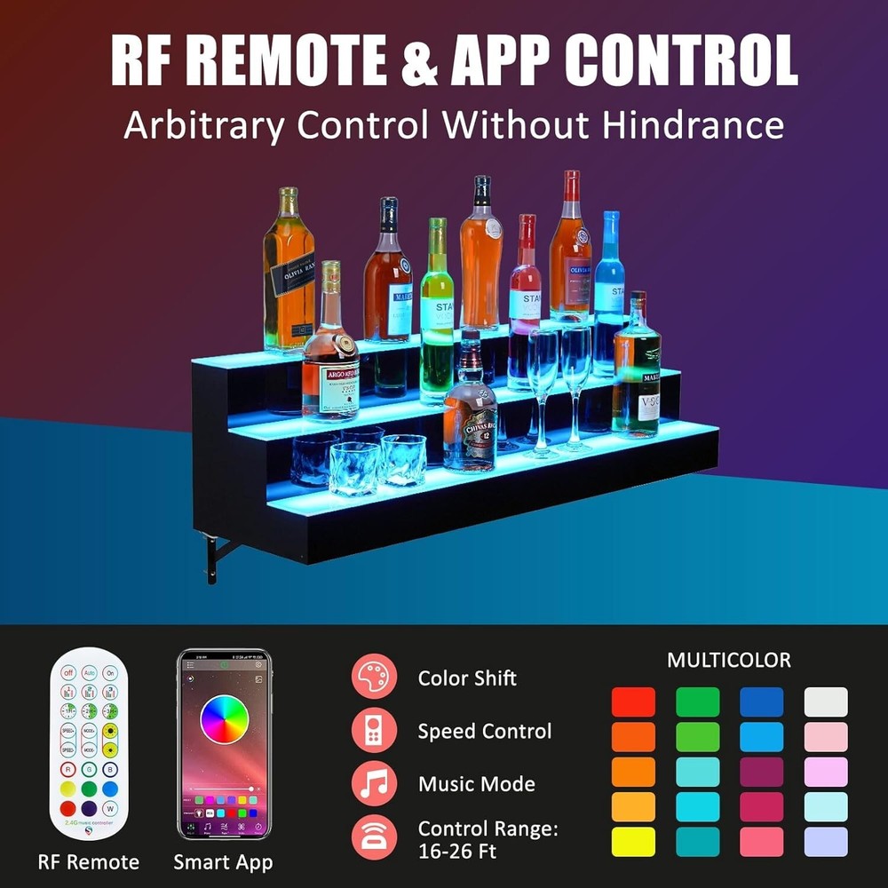 3 Layer Acrylic LED Lighted Display Wine Rack 30'' Wall-Mounted With App Control
