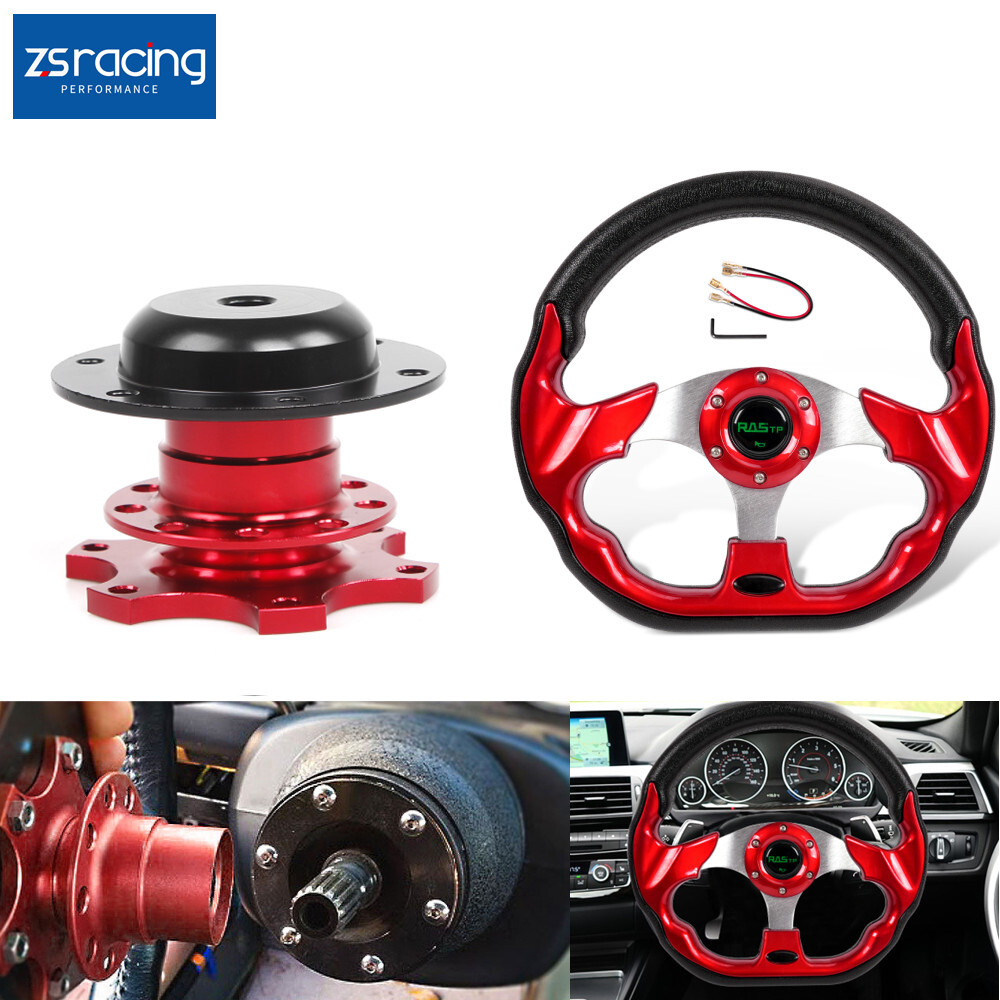 Universal 13" Red 6 Hole Steering Wheel w/Horn Button+Quick Release Adapter