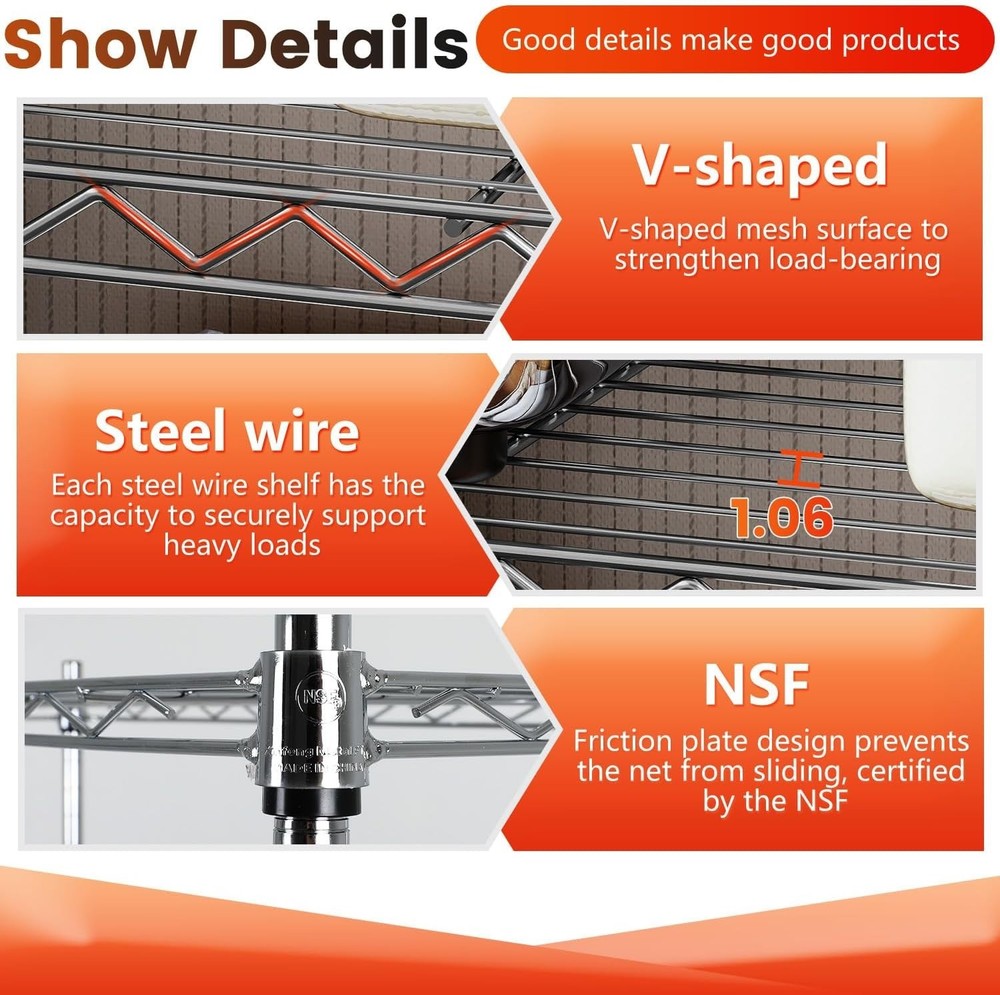 Chrome Wire Storage Shelf - 6 Tiers, Adjustable & Mobile, Ideal for Garage