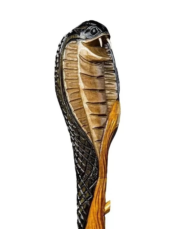 Wooden Walking Stick with Solid Cobra Snake Design Curved Handle