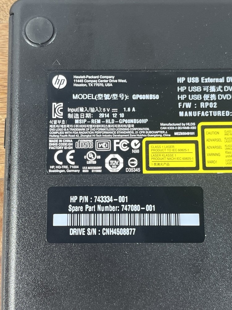 Hp USB External Hard Drive DVDRW Model GP6ONB50 12/2014 UNTESTED NO CABLES