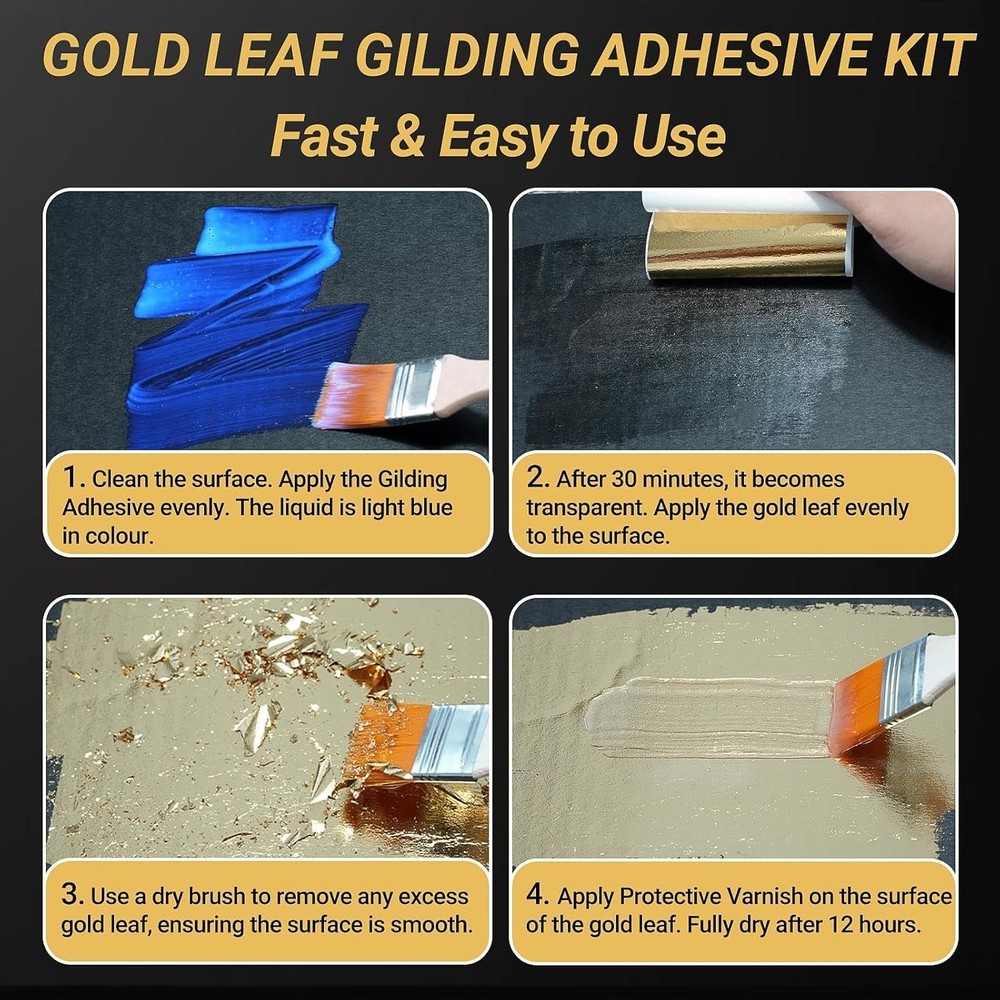 Versatile Gold Leaf Gilding Kit, 100ml Water-Based Adhesive & Tools Included