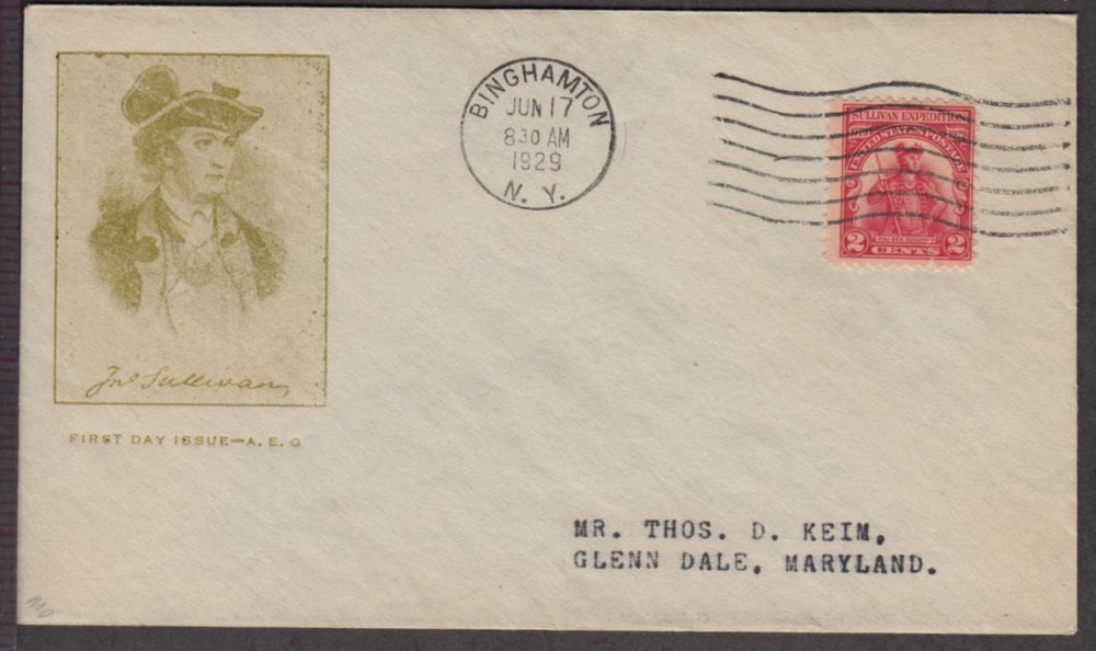 1929 Maj. Gen. John Sullivan Sc 657-22 FDC A. E. Gorham cachet Binghamton NY