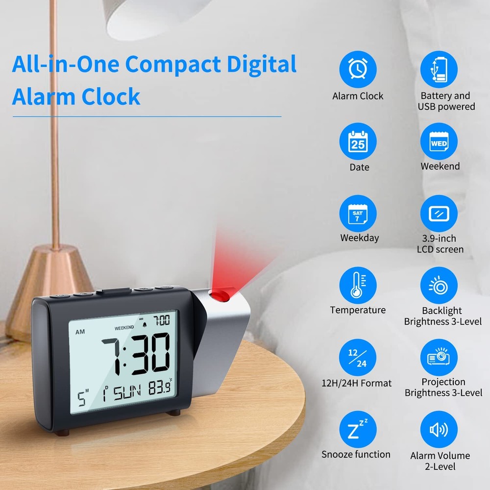 Projection Alarm Clock with LCD Display Snooze and Dual Volume Settings