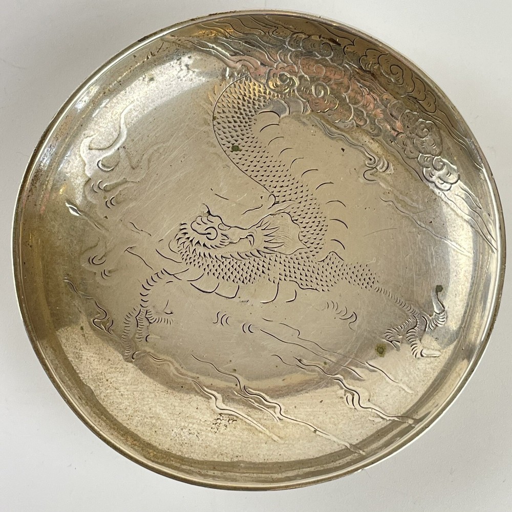Antique Solid Silver Chinese Export Pin Dish With Dragon Luen Wo 9cm