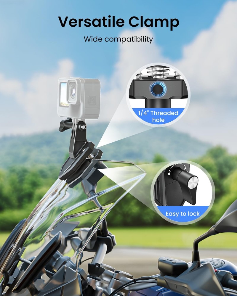 Maectech Motorcycle Windshield Clip Camera Mount for Black and Silver