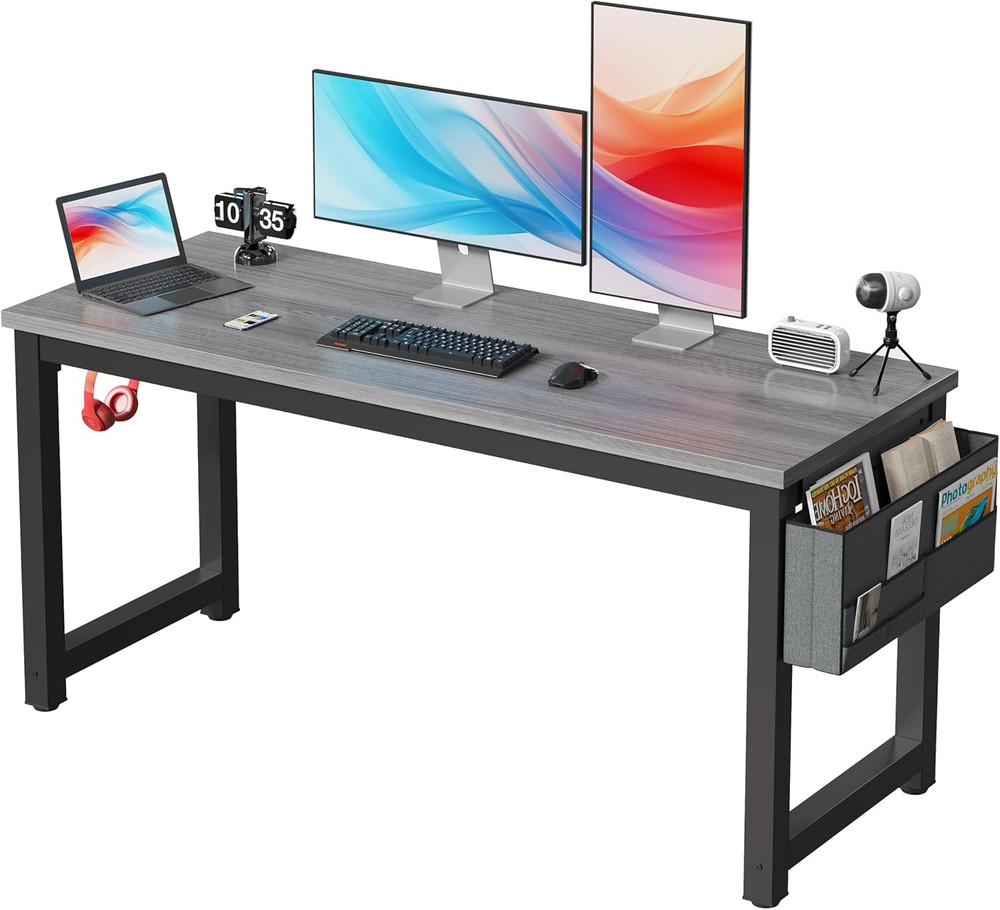 63" Modern Large Computer Desk with Storage & Headphone Hooks - Grey