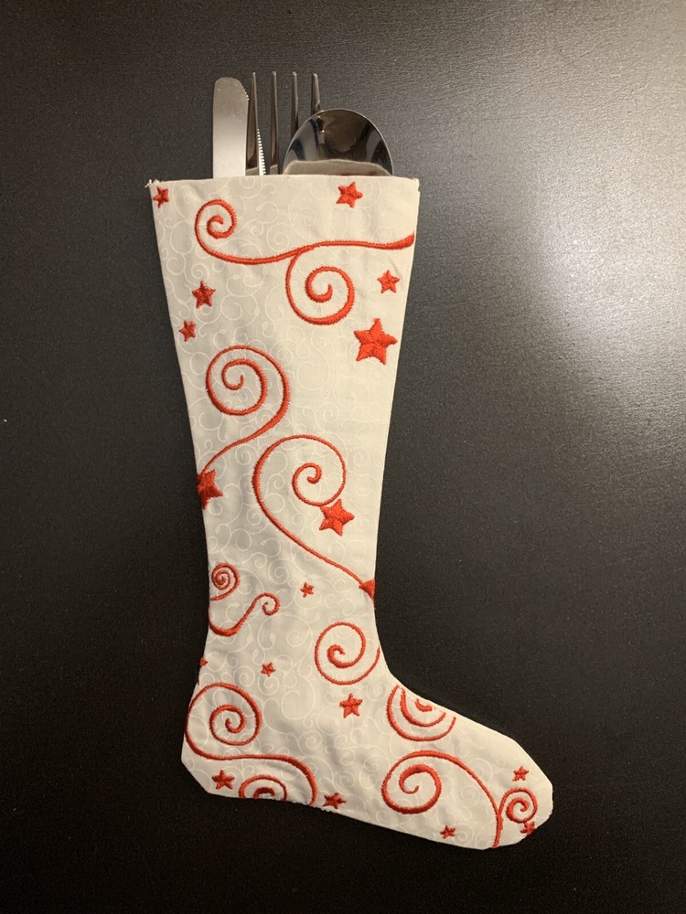 Custom-made Stocking Utensil Holders (4), Scroll White Fabric w/Red Embroidery
