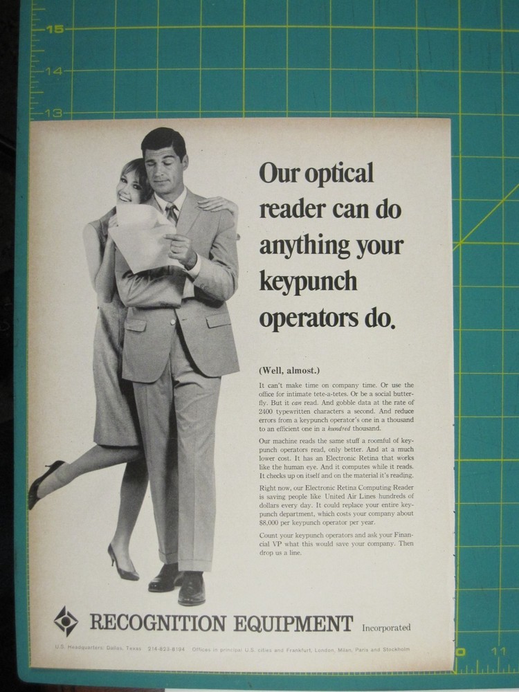 Print Ad Recognition Equipment Optical Reader Ad 1960s Tech Keypunch Efficiency