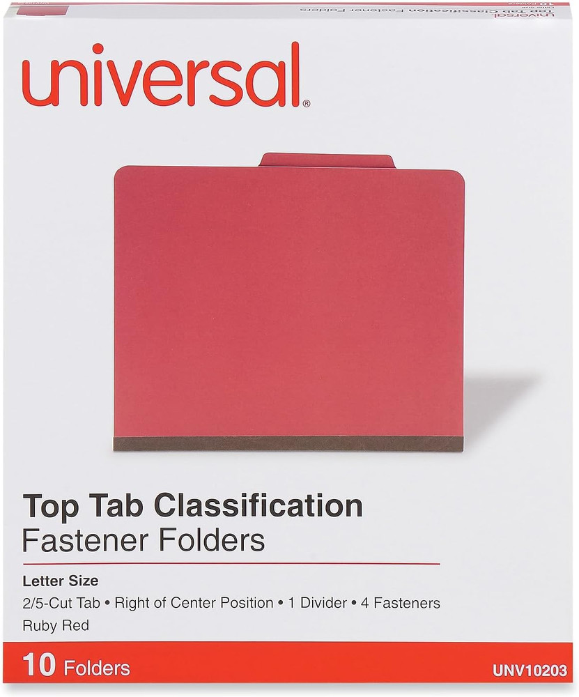 10203 Pressboard Classification Folders, Letter, Four-Section, Ruby Red (Box of