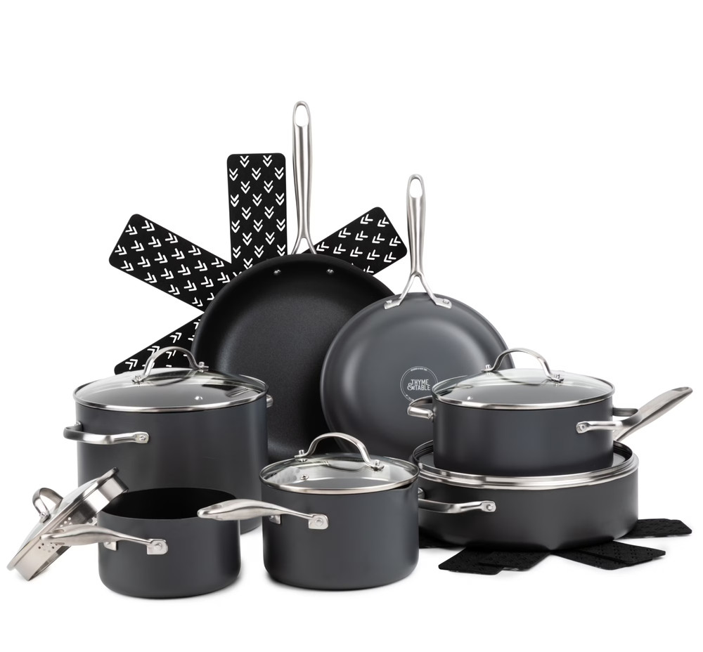 Thyme & Table 15-Piece Non-Stick Hard Anodized Cookware Set – Black