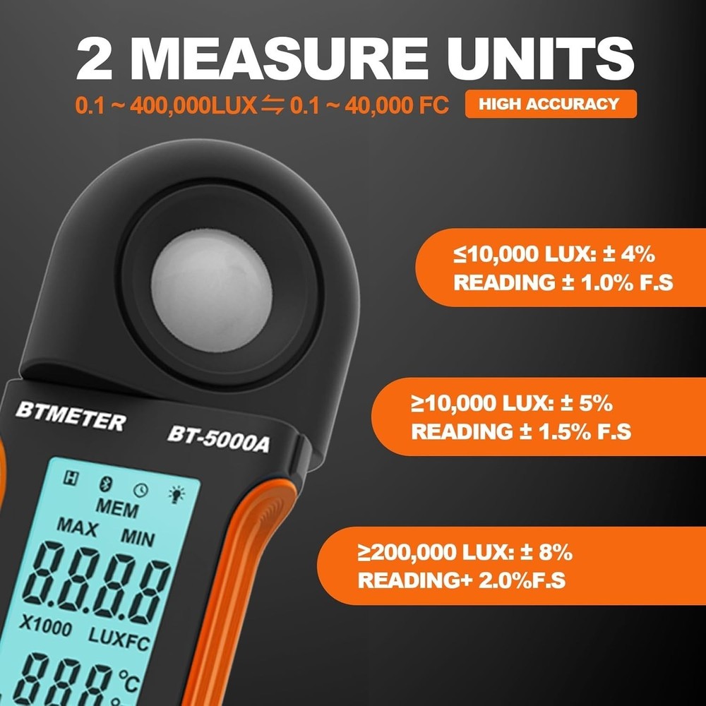 Light Lux Meter Logger BT-5000A - Digital Lumen Tester Measure Lighting Level