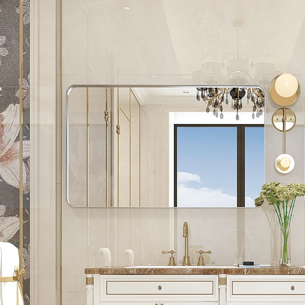 30x20 Inch Glossy Brushed Silver Rectangle Bathroom Mirror with Rounded Corners