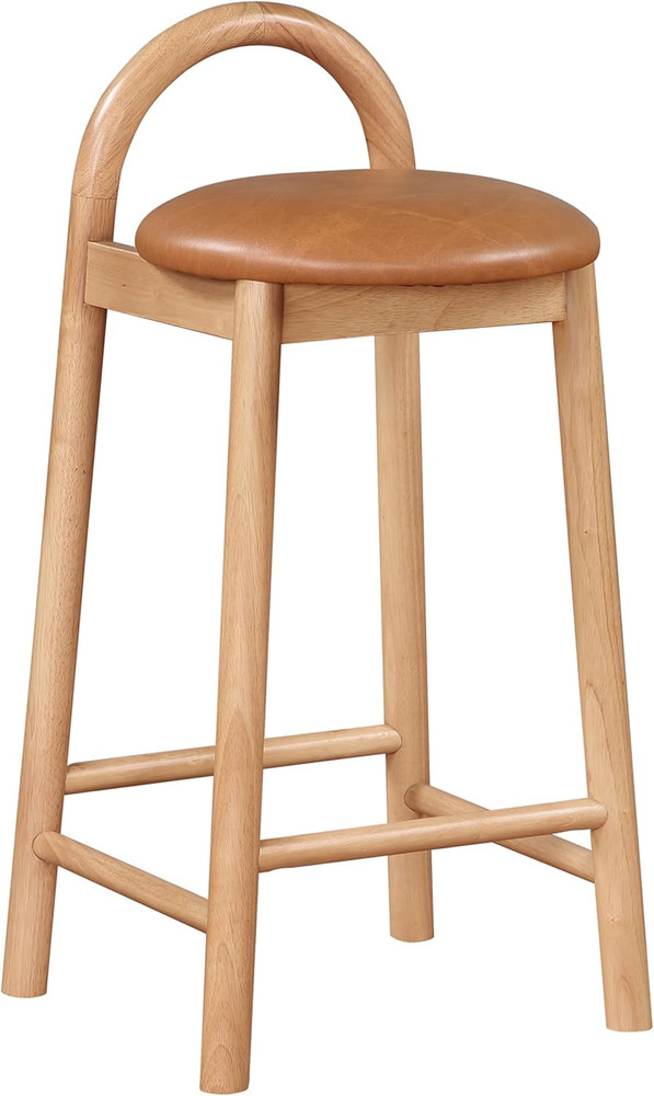 Cognac Vegan Leather Mid-Century Modern Stool with Solid Wood Frame