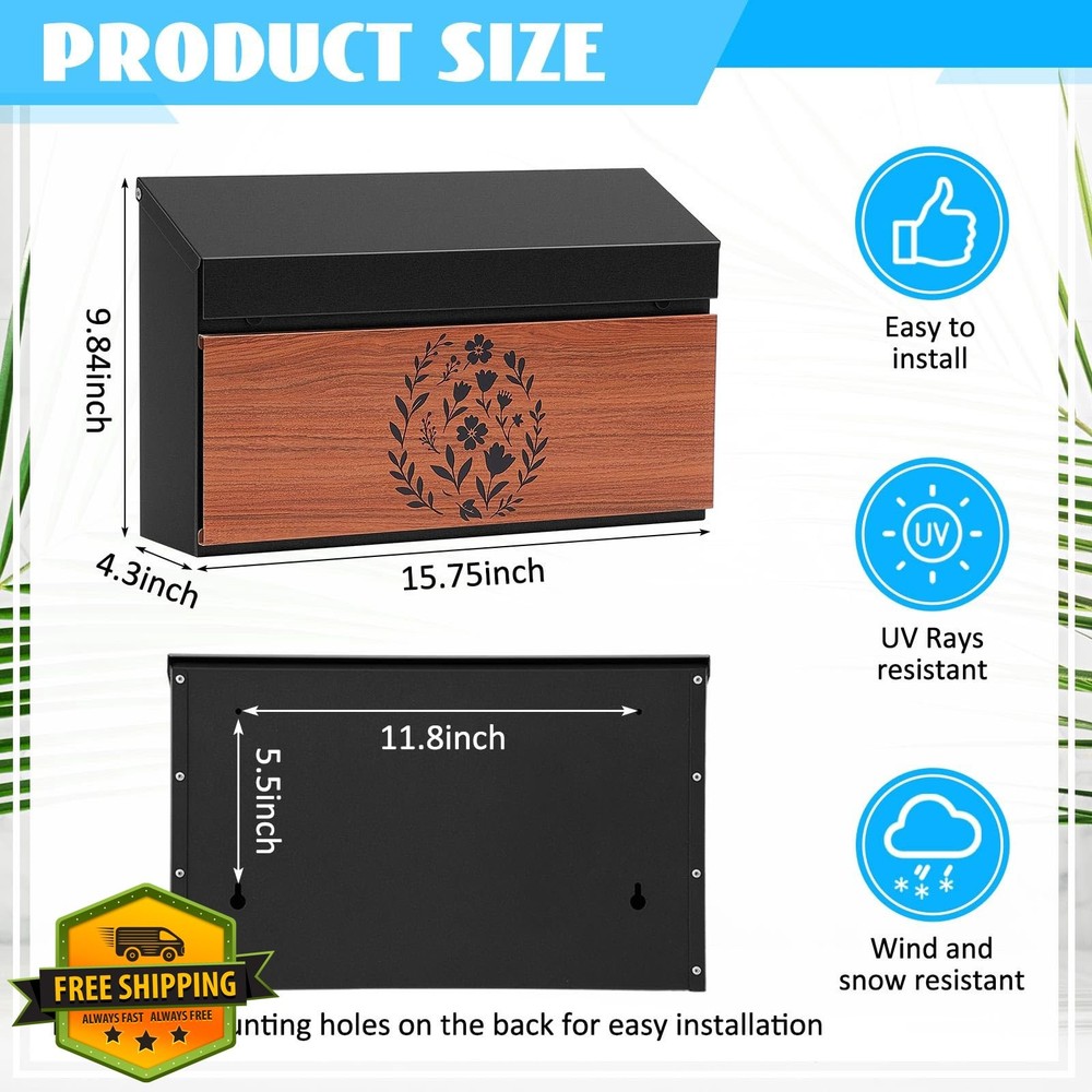 Yaocom Large Wall Mount Mailbox Galvanized Steel Rustproof Metal Locking Wood